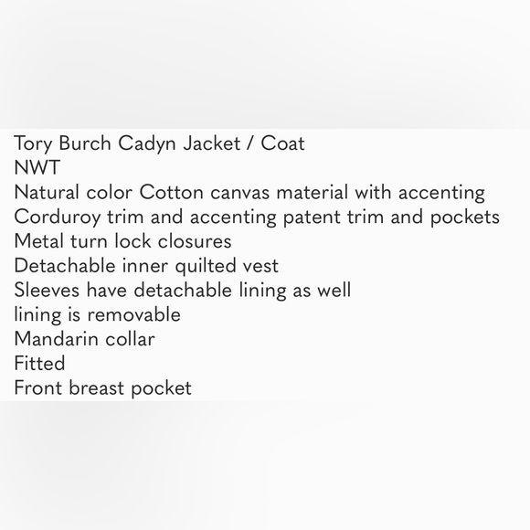 NWT Tory Burch Natural Cream Canvas and Corduroy Cadyn Coat, size 0 - Picture 8 of 8